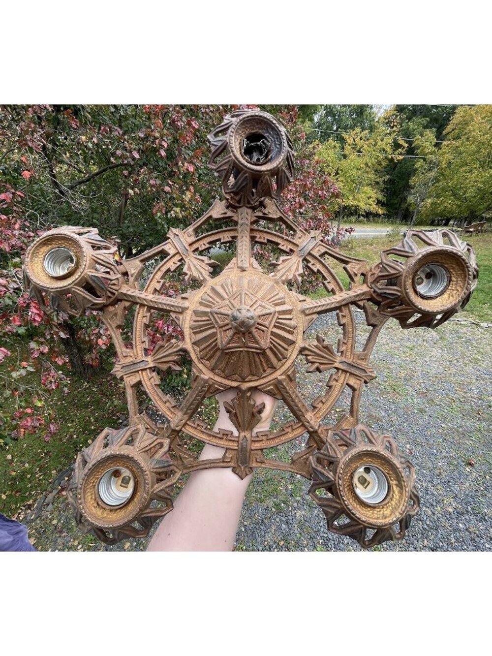 Antique Cast Iron Art Deco 5 Light Chandelier Pendant Lamp Gothic Revival